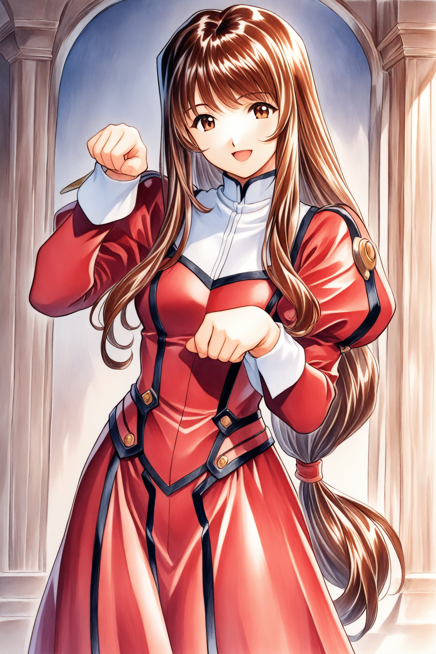 38804-3932041327-1girl,solo,Erica Fontaine,cowboy shot,smile,open mouth,looking at viewer,upper body,paw pose,brown hair,brown eyes,long hair,ban.png